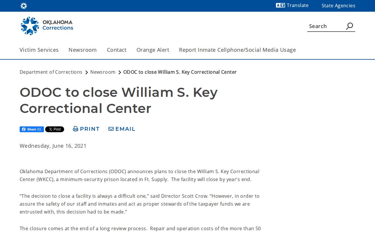 Oklahoma Department of Corrections announcement closing William S. Key Correctional Center