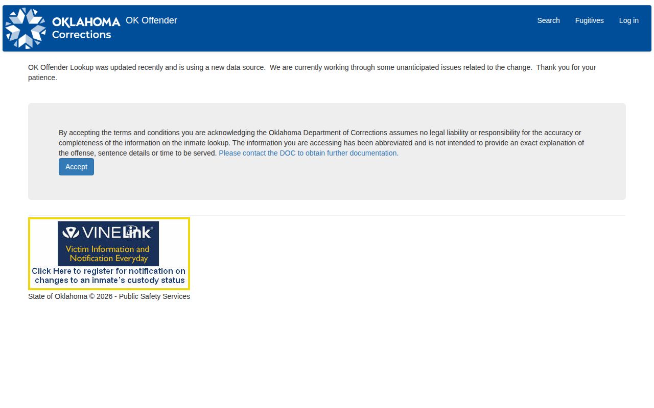 Woodward County released inmate search on the ODOC disclaimer and offender lookup screen