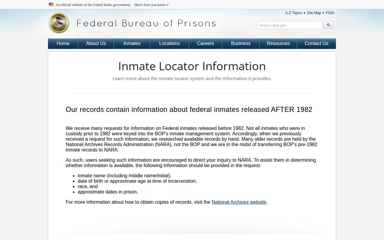 Federal Bureau of Prisons explanation of release date and location fields